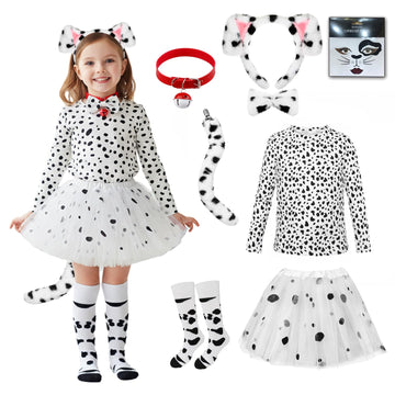 Pikpops Dalmatian Costume Girls, 101 Days of School Dog Costume Set Kids Tutu Headband Accessories Halloween Animal Party (5-7 y