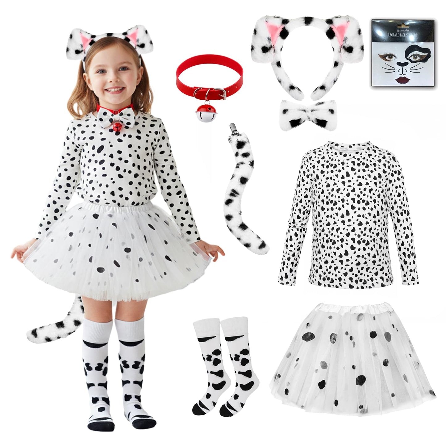Pikpops Dalmatian Costume Girls, 101 Days of School Dog Costume Set Kids Tutu Headband Accessories Halloween Animal Party (8-10 