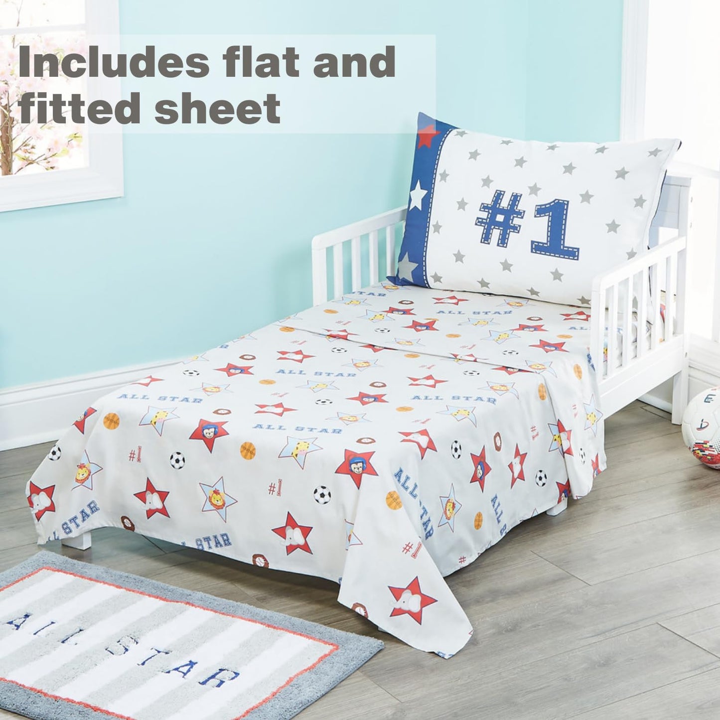 Everyday Kids 4 Piece Toddler Bedding Set - Jungle Sports - Soft 100% Cotton Percale - Includes Comforter, Flat Sheet, Fitted Sh