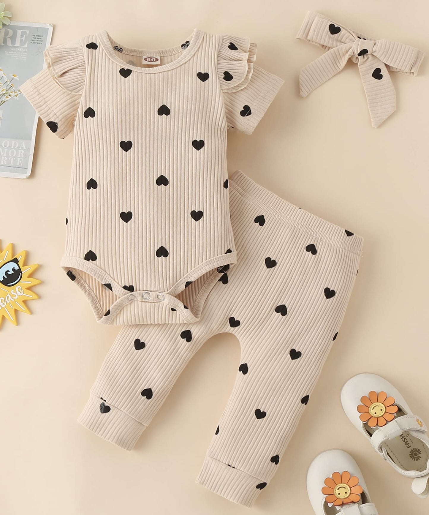 Fullfamous Infant Baby Girl Clothes Outfits,Spring Summer Romper And Pant Set 6-9 Months Ecru Heart