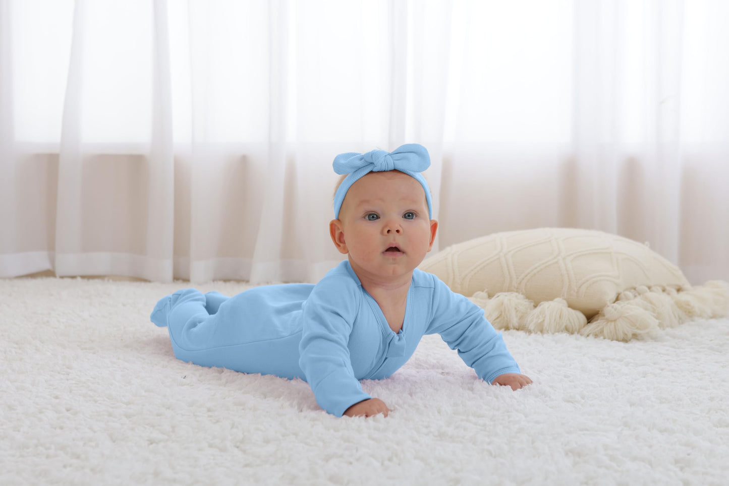 Guisby Footed Long Sleeve Baby Pajamas With Zipper Cotton Infant Sleepers Light Blue+White 3-6 Months