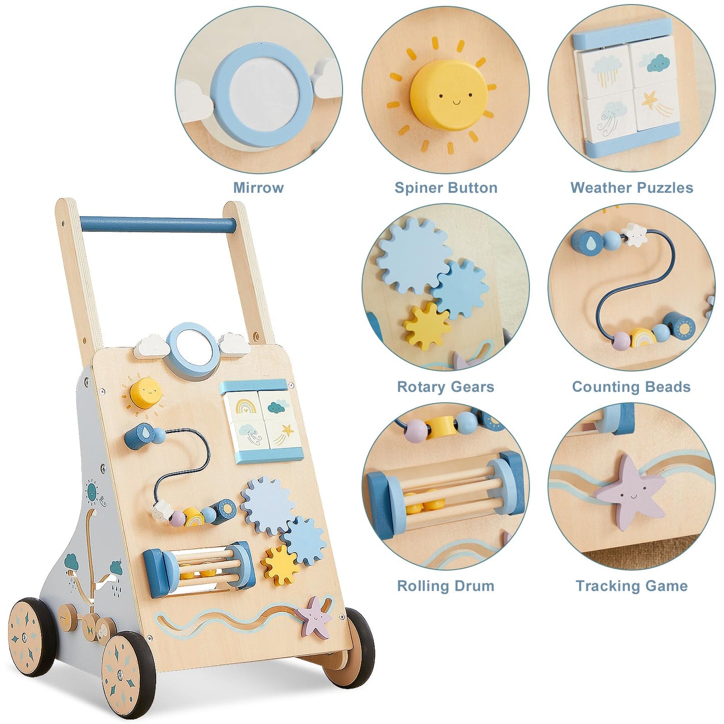 Beright Wooden Baby Walker, Wooden Baby Push Walker, Learning Activity Toys, Baby Push Toy Multiple Activities Center, Gift for