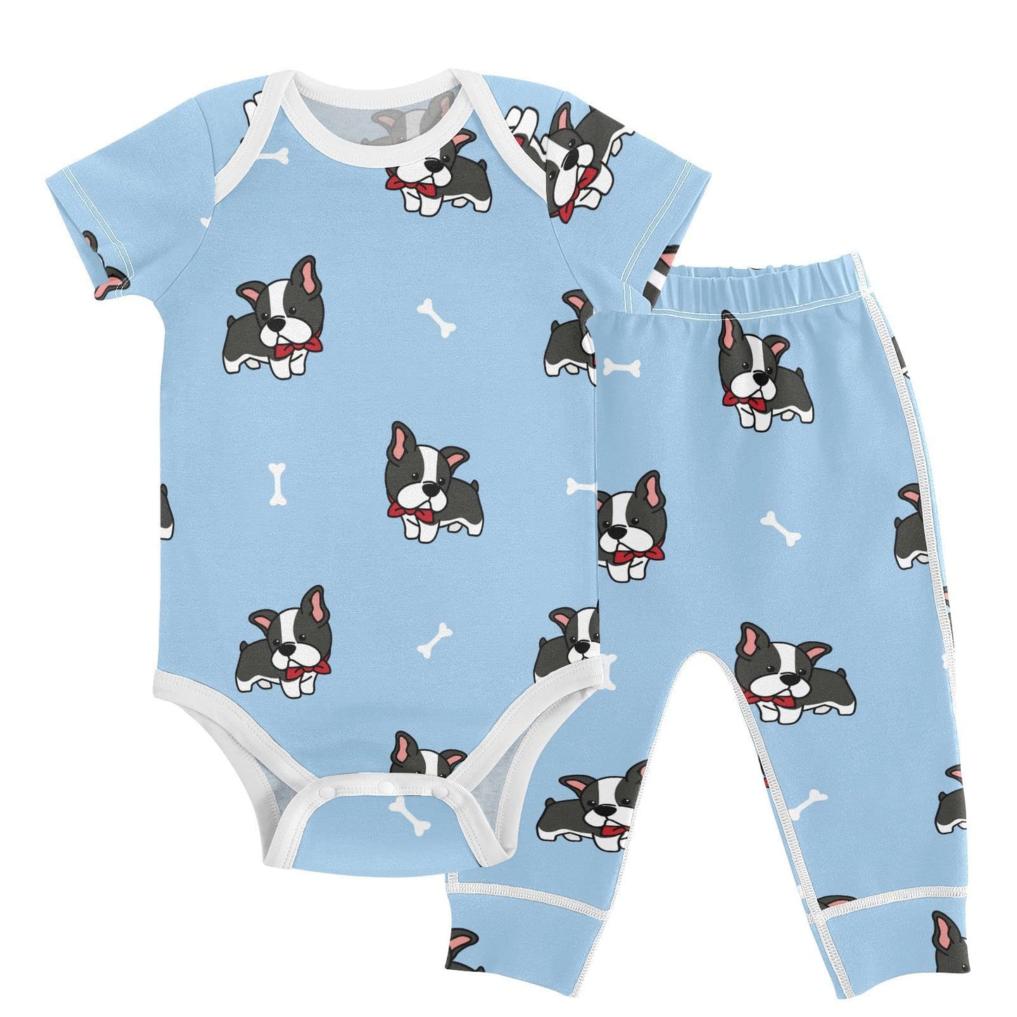Vvfelixl Baby Bodysuits Pants Sets Boston Terrier Dog Short Sleeve Baby Clothes For Boys Girls 3-6 Months Puppy Blue