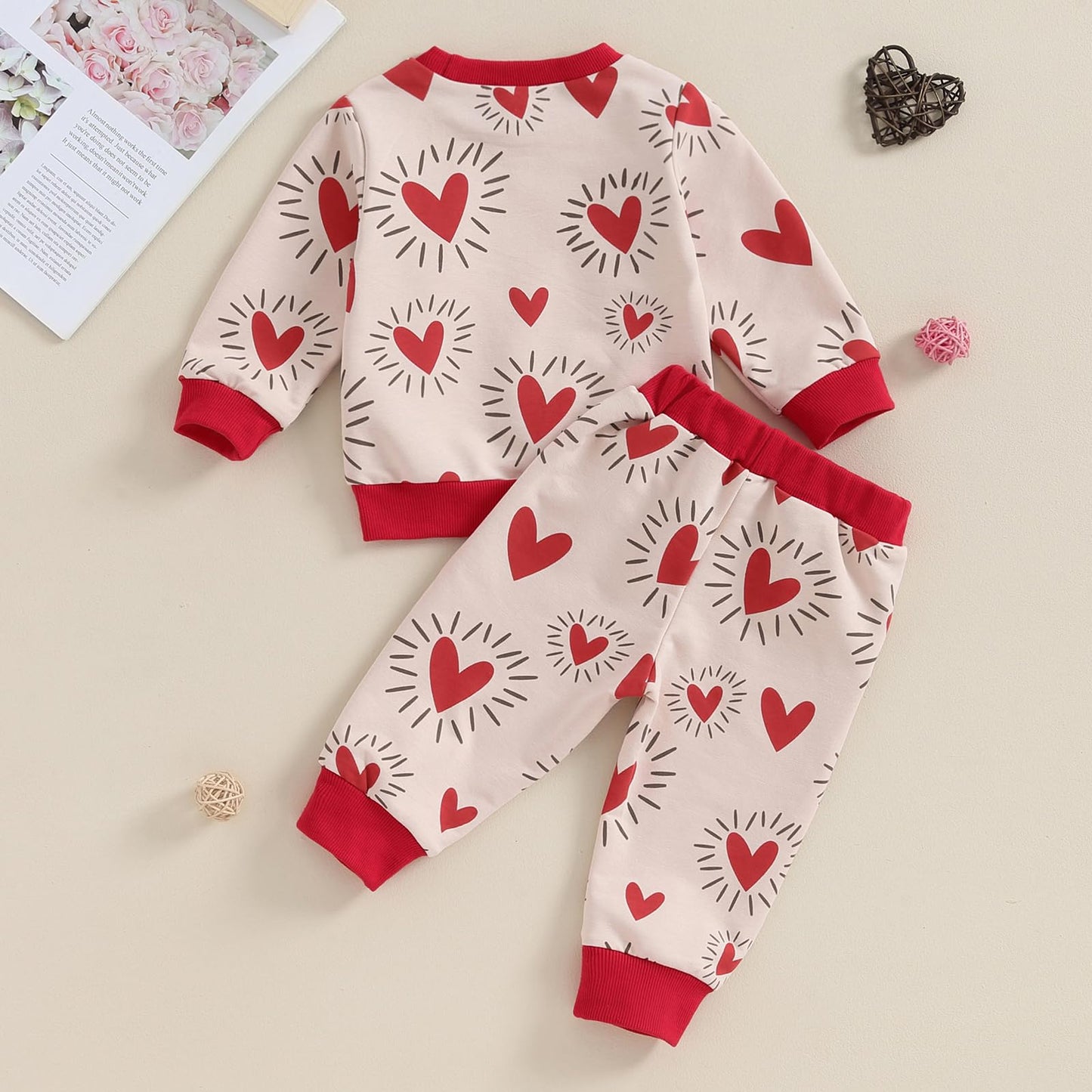 Baby Girl Valentines Day Outfit Cute Toddler Sweatshirt Pants Set Newborn T Shirt Top Suit Infant Clothes (R Heart Print Khaki,