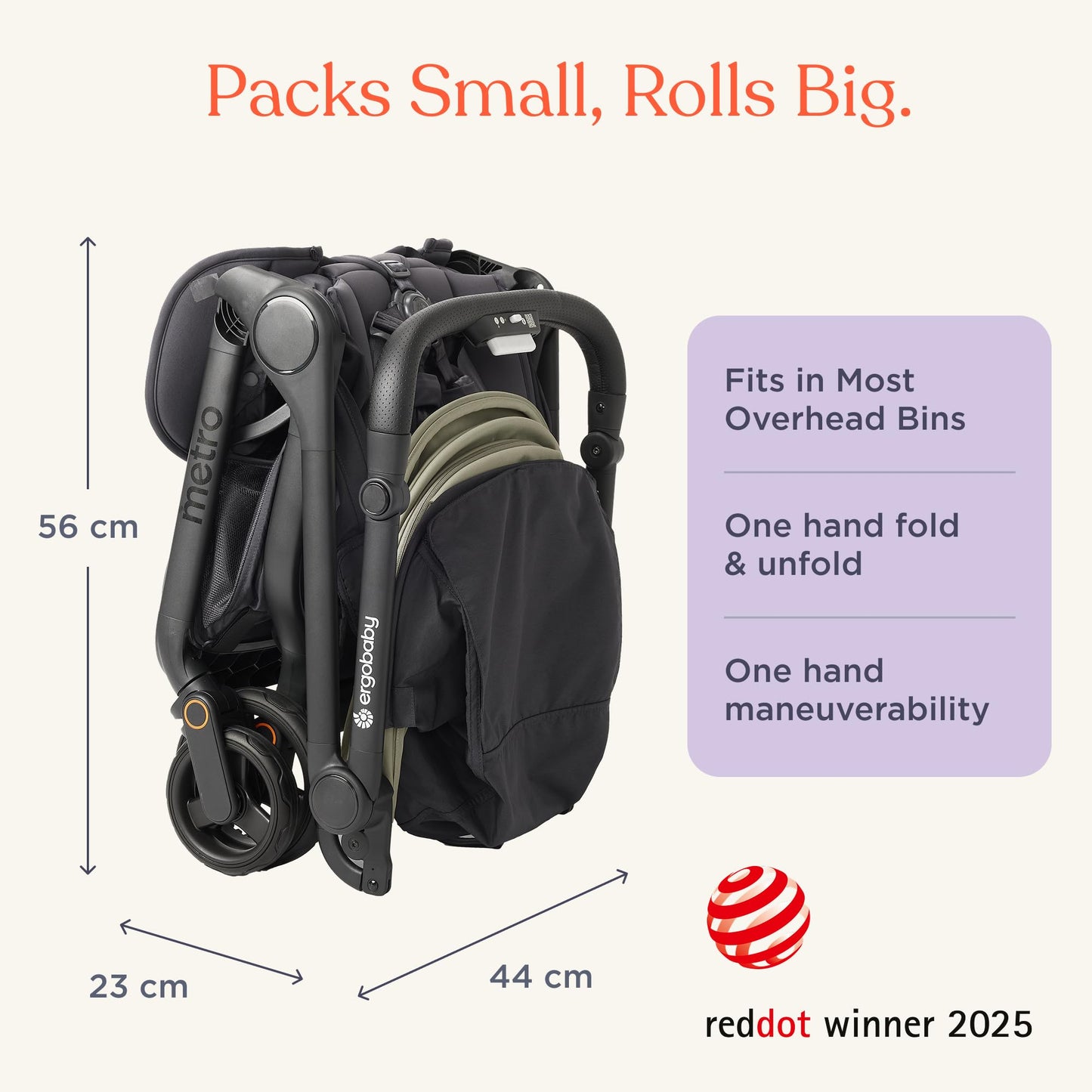 Ergobaby Metro 3 All In One Compact Baby Stroller, Lightweight Travel Stroller, Easy One-Hand Fold For Overhead Airplane Storage