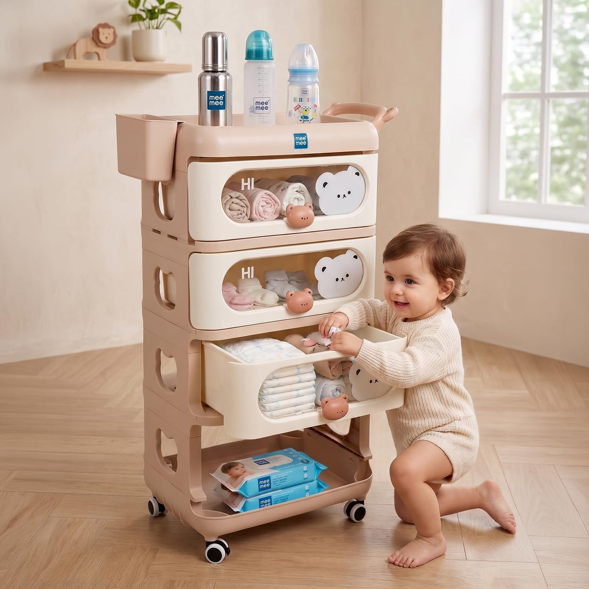 Mee Mee My Teddy Storage Drawer Organizer | 3 Drawer Baby Storage Cabinet | 67.5L Storage Capacity | PP Plastic Organizer with W