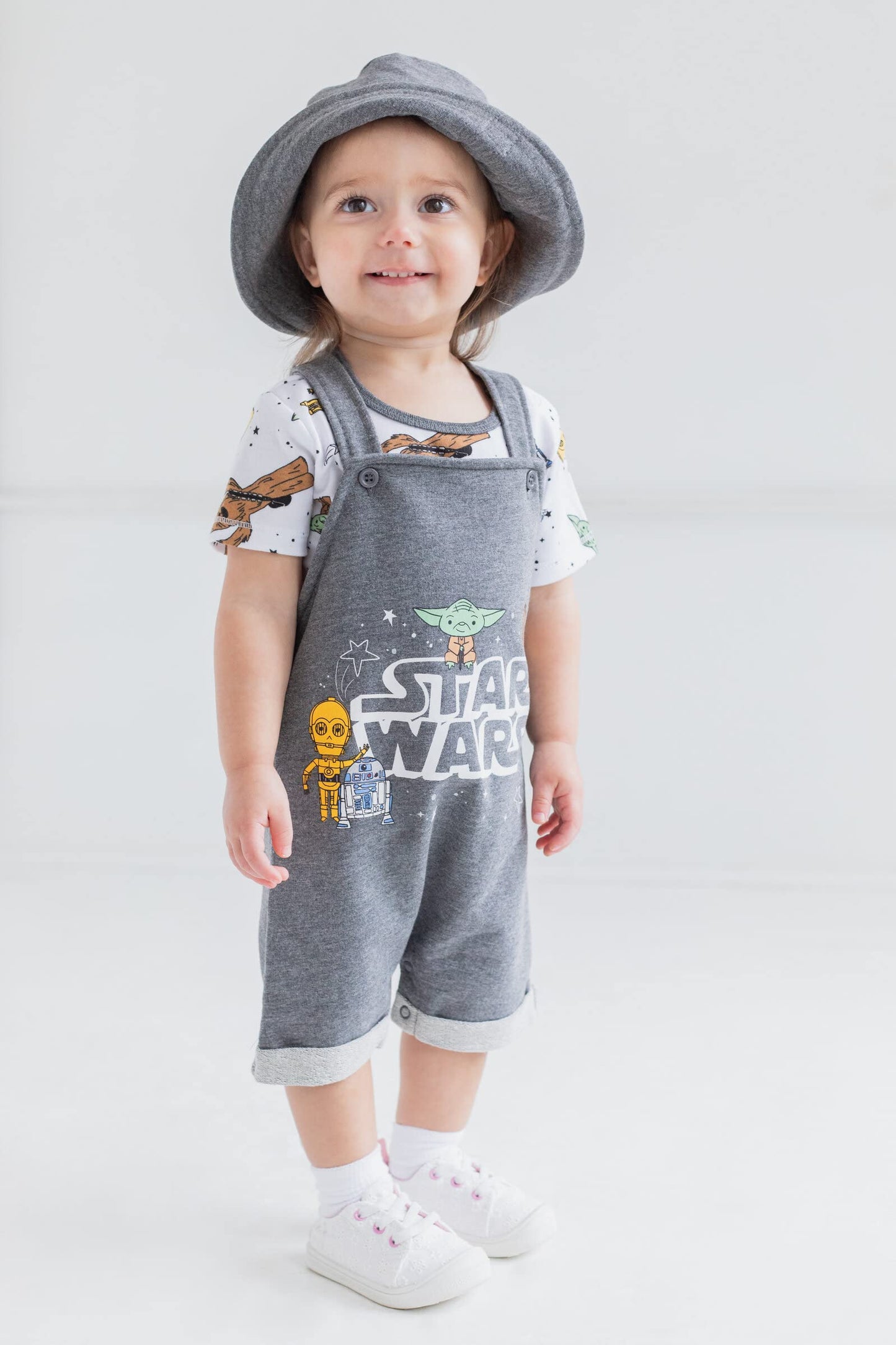Star Wars R2-D2 Yoda Chewbacca Infant Baby Boys Short Overalls Graphic T-Shirt And Hat 3 Piece Outfit Set Grey 12 Months