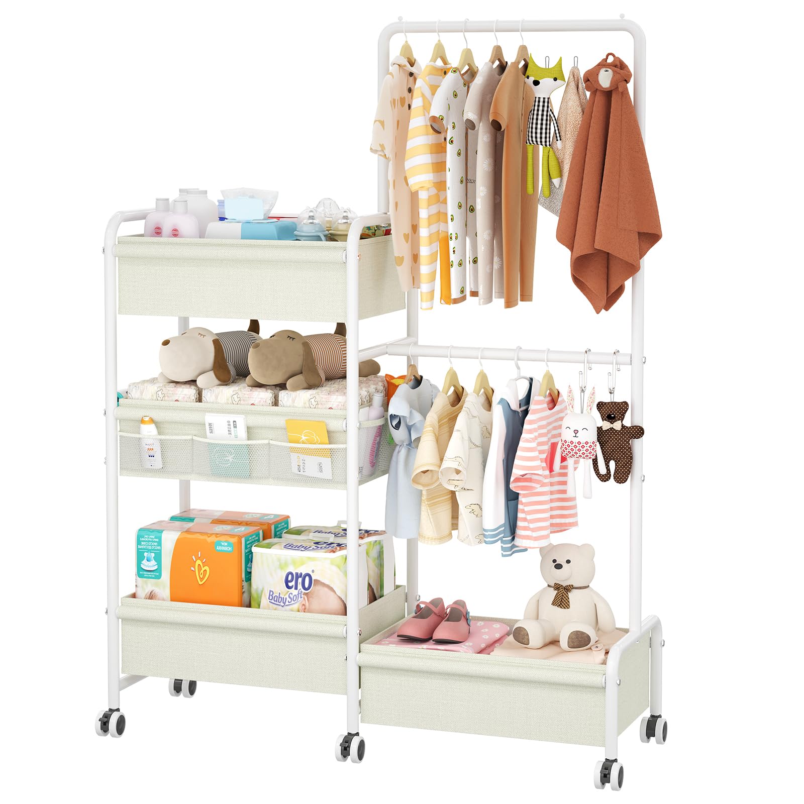 2in1 Baby Diaper Caddy & Clothes Organizer and Storage Rolling Cart, Large Capacity Nursery Organization For Baby Dresser,Changi