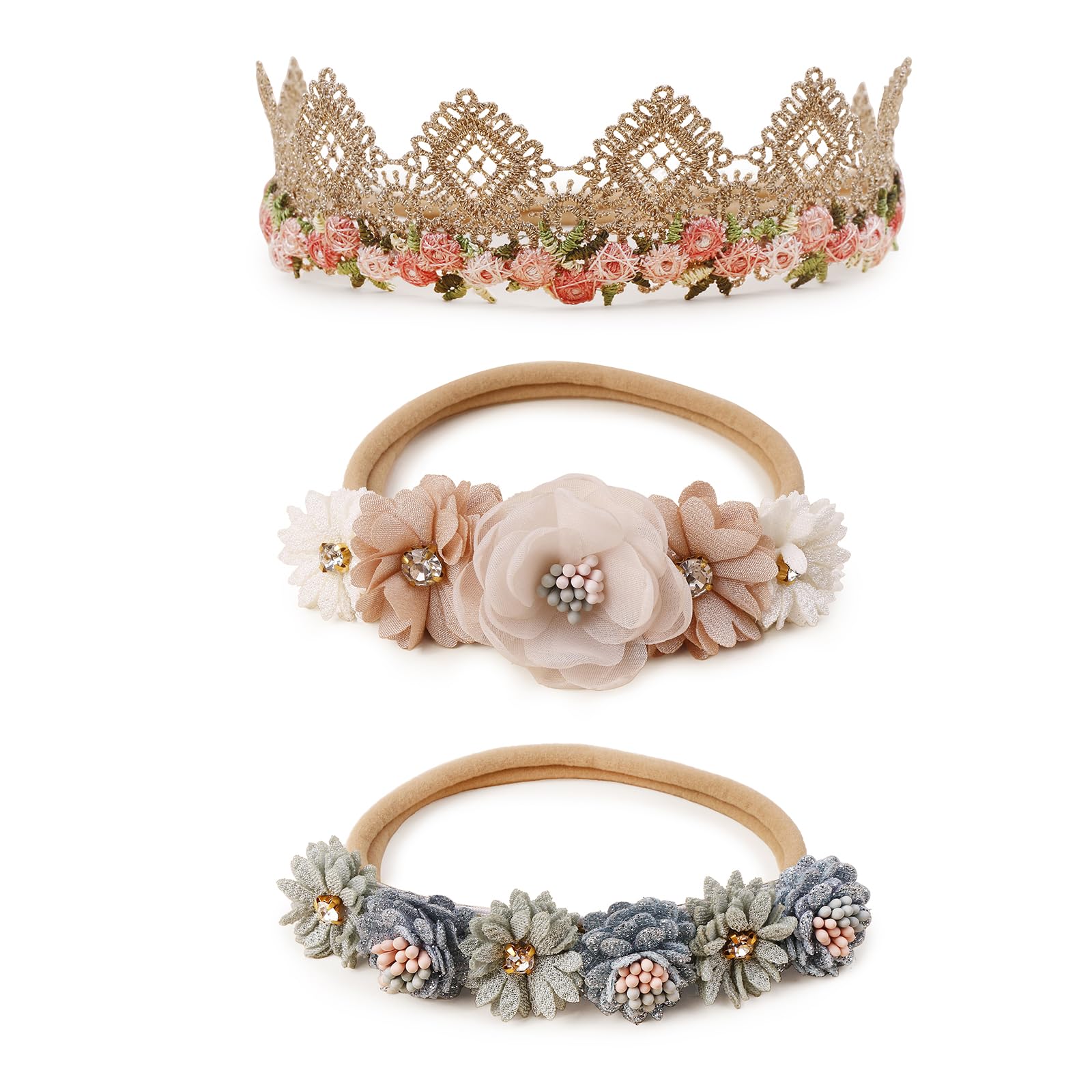 Bfnaagirl Baby Girl Floral Headband Nylon Flower Crown Elastic Hairband 3Pcs Hair Accessories Gift For Girls (9572)
