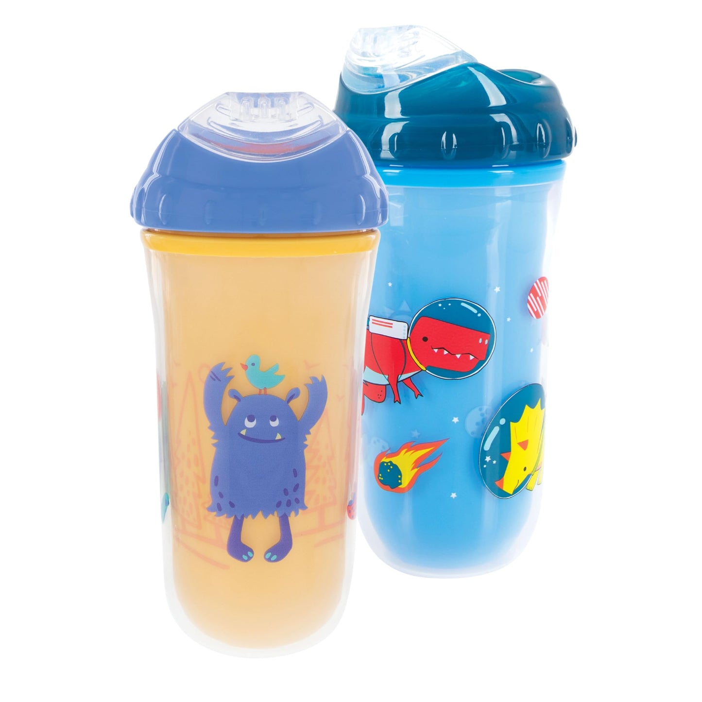 Nuby No Spill Insulated Transition Cup With Soft Rim Spout | 9 Oz/ 270 Ml | 2 Pack: Aqua Animals & White Shapes Or Blue Dinosaur