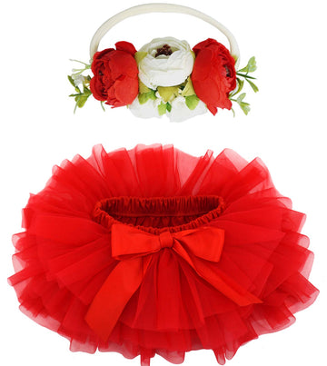 Bgfks Baby Girls Soft Fluffy Tutu Skirt With Diaper Cover,Toddler Girl Tutu Skirt Sets With Flower Headband Red