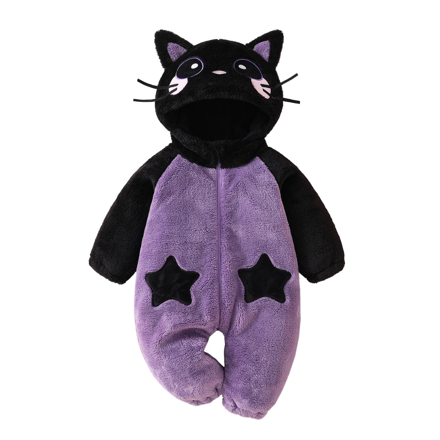 Muineobuka Newborn Baby Boy Girl Animal Costume Infant Cat Cosplay Hooded Bodysuit Toddler Fuzzy Warm Halloween Outfits (Black, 