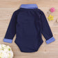 Baby Boy First Birthday Clothes Plaid Stand Collar Long Sleeve Romper Jumpsuit Cake Smash Outfit (Navy Blue, 15 Months)