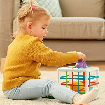 Aprilwolf Montessori Toys for 1 Year Old, Cube Bin & 6 Sensory Shape Blocks, Baby Toys 12-18 Months, Developmental Infant Birthd