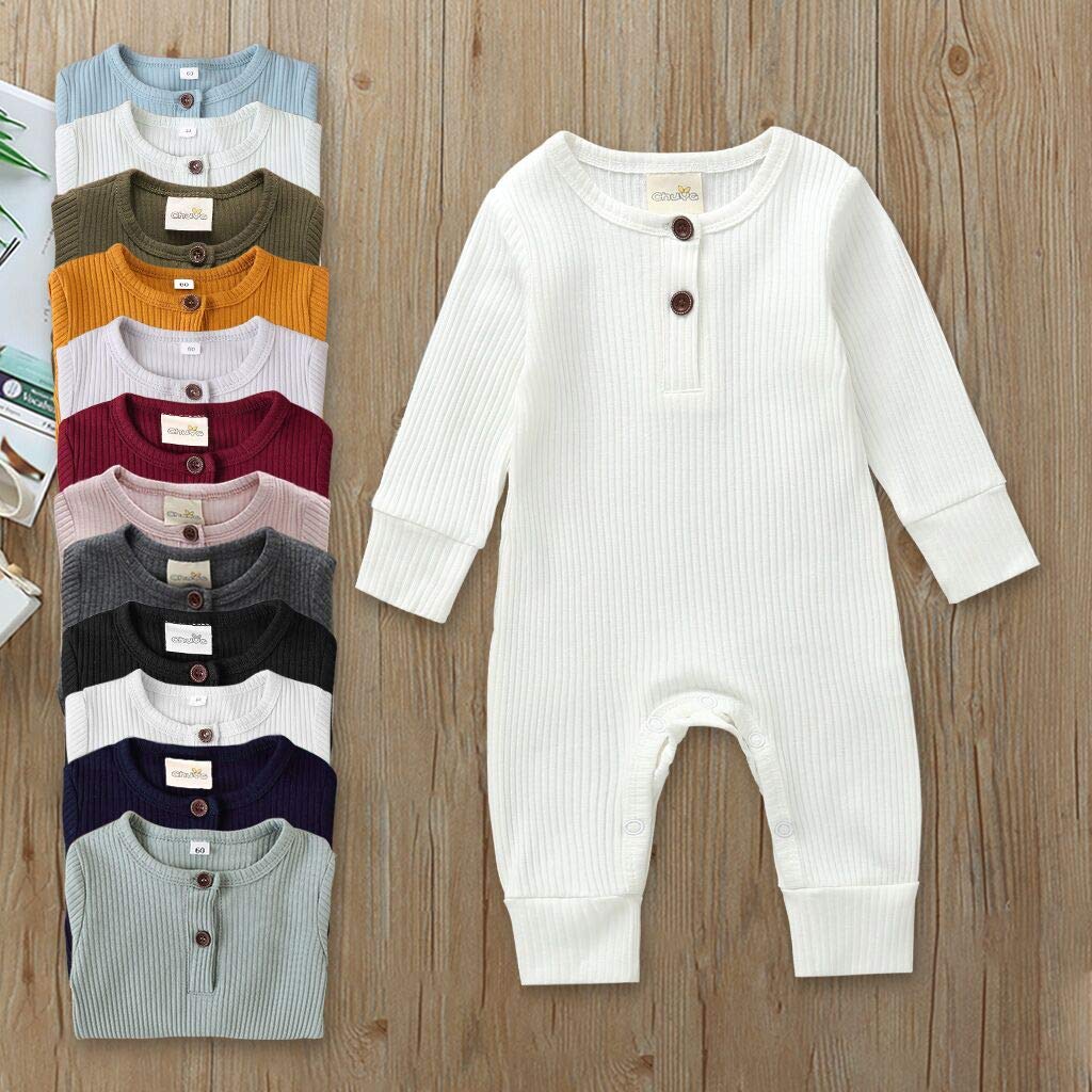 Kuriozud Newborn Infant Unisex Baby Boy Girl Button Solid Romper Bodysuit One Piece Jumpsuit Outfits Clothes (Long Sleeve One Pi