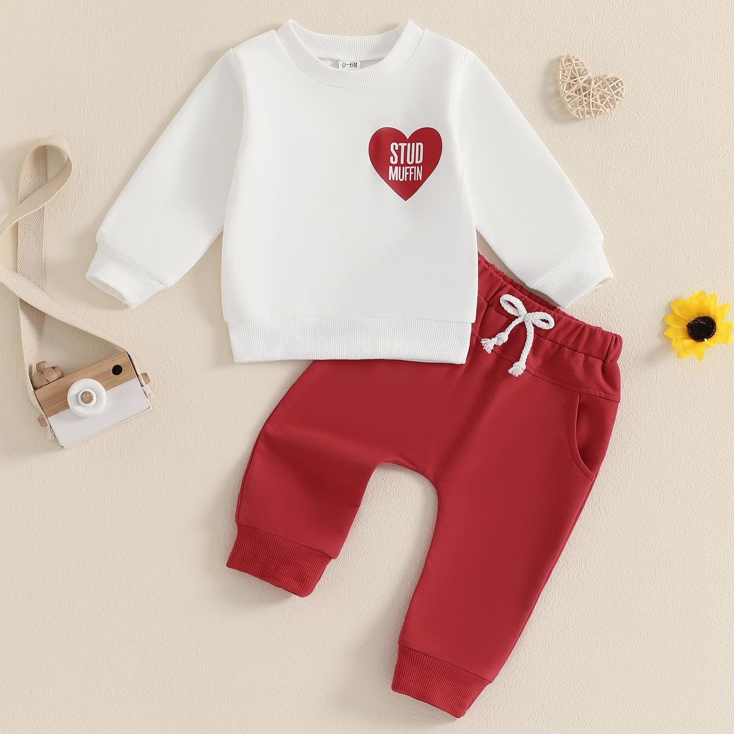 Toddler Boy Valentines Day Outfit Letter Print Crewneck Sweatshirt Tops Pants Cute Valentines Day Baby Boy Outfit Clothes (A-Whi