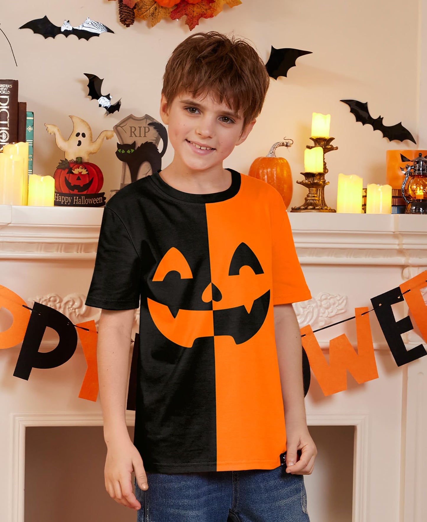 Halloween Little Boys Orange Black Pumpkin Face Jack O' Lantern Shirt Funny Short Sleeve Top 6 Years