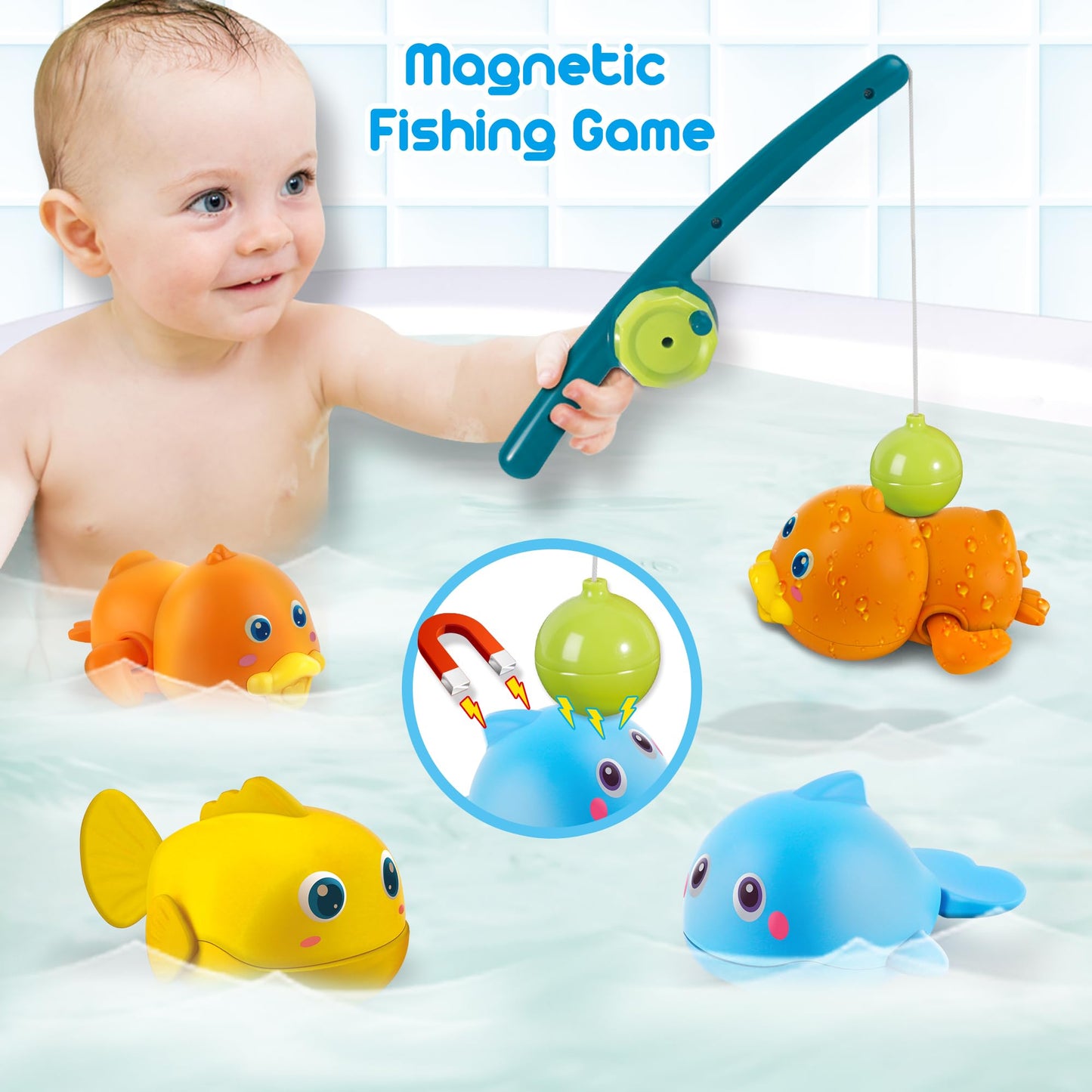 Dwi Dowellin Bath Toys for Toddlers, Magnetic Fishing Games Kids Bathtub Toys, Mold Free Wind-up Toys Swimming Fish Duck Whale F