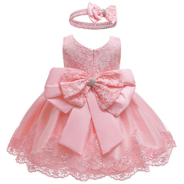 Lzh Baby Toddler Lace Dress Girls First Baptism Elegant Embroidery Wedding Party Flower Bridesmaid Bowknot Dresses Up, Meat Pink