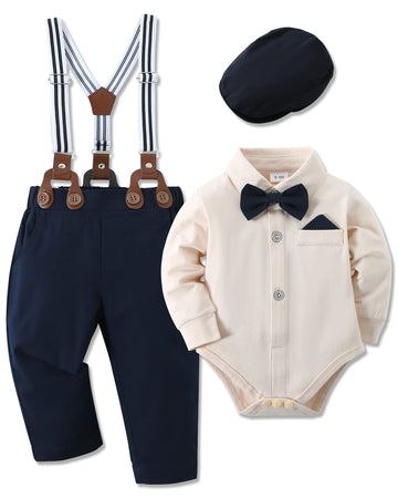Wesidom Baby Boys Clothes 3-6 Months Gentleman Outfits, Short Sleeve Dress Romper+Bow-Tie+Detachable Suspender Shorts