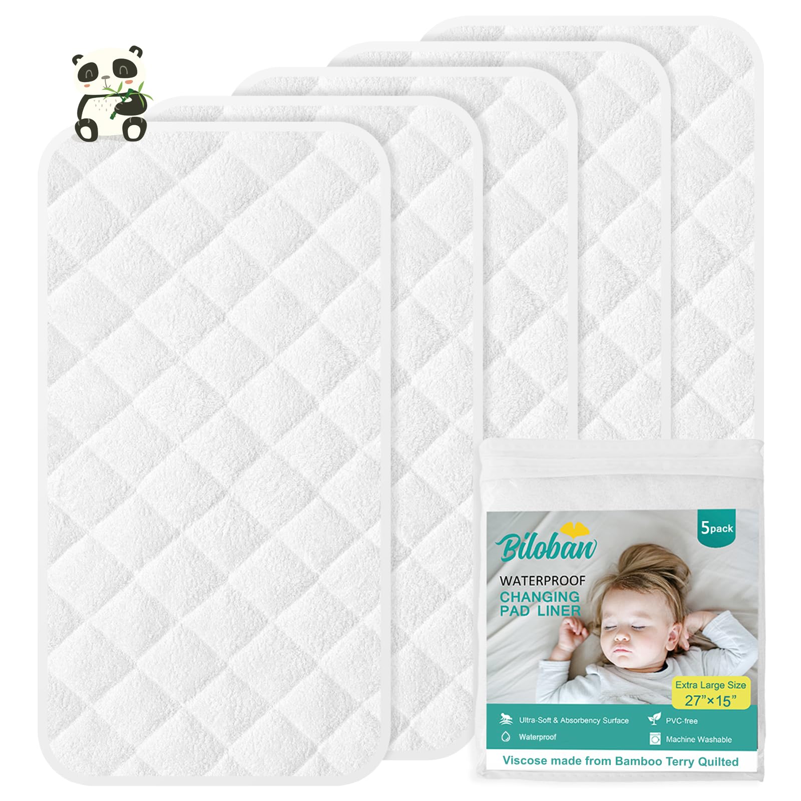 Changing Pad Liner - 5 Pack (Improved Thickness) 14' X 26' Superior Viscose Made From Bamboo Terry Surface, Waterproof & Absor