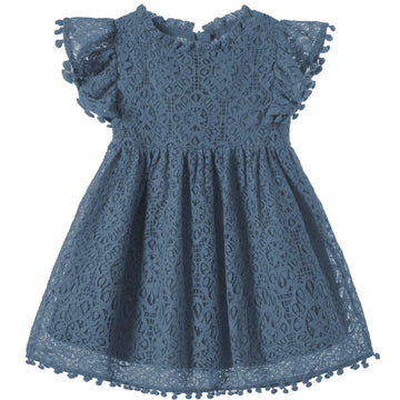 Niyage Toddler Girls Elegant Lace Pom Pom Flutter Sleeve Party Princess Dress Navy Bule 120