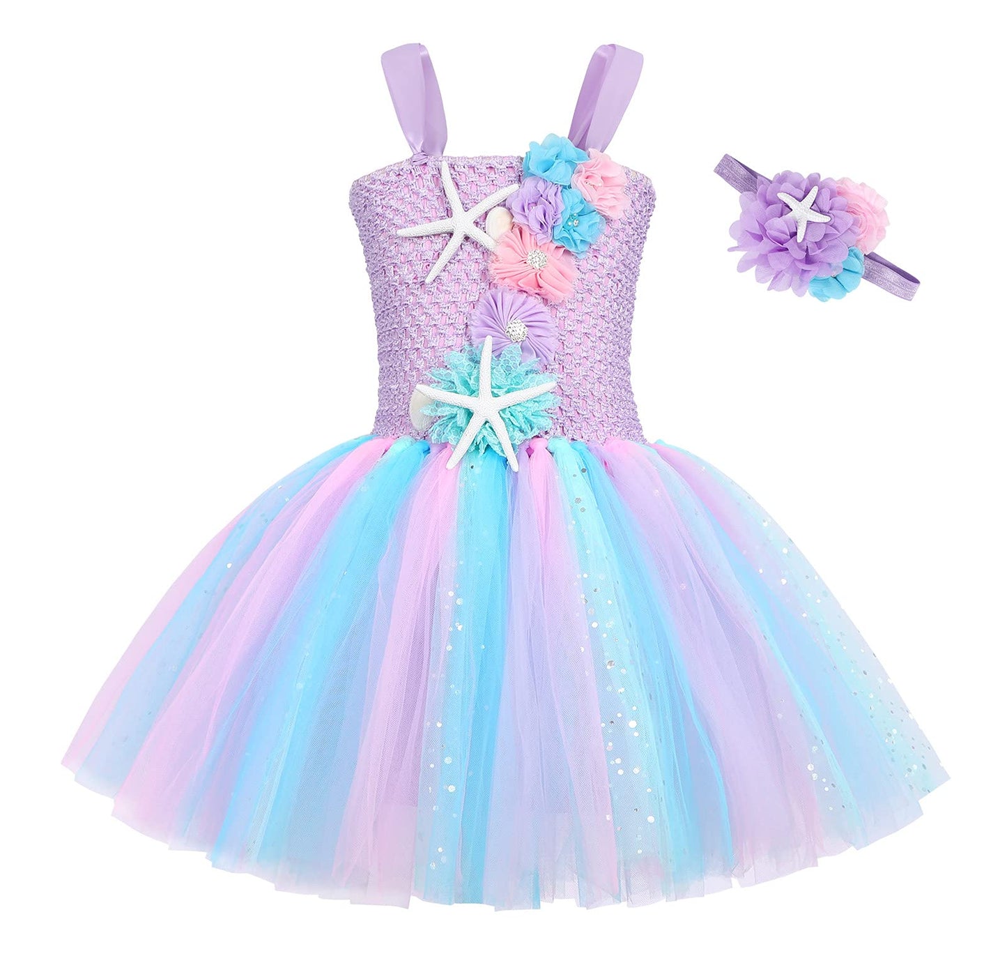 COTRIO Mermaid Tutu Dress Girls Birthday Party Princess Dress Halloween Costume Outfits Toddler Kids Starfish Tulle Skirt (12-13
