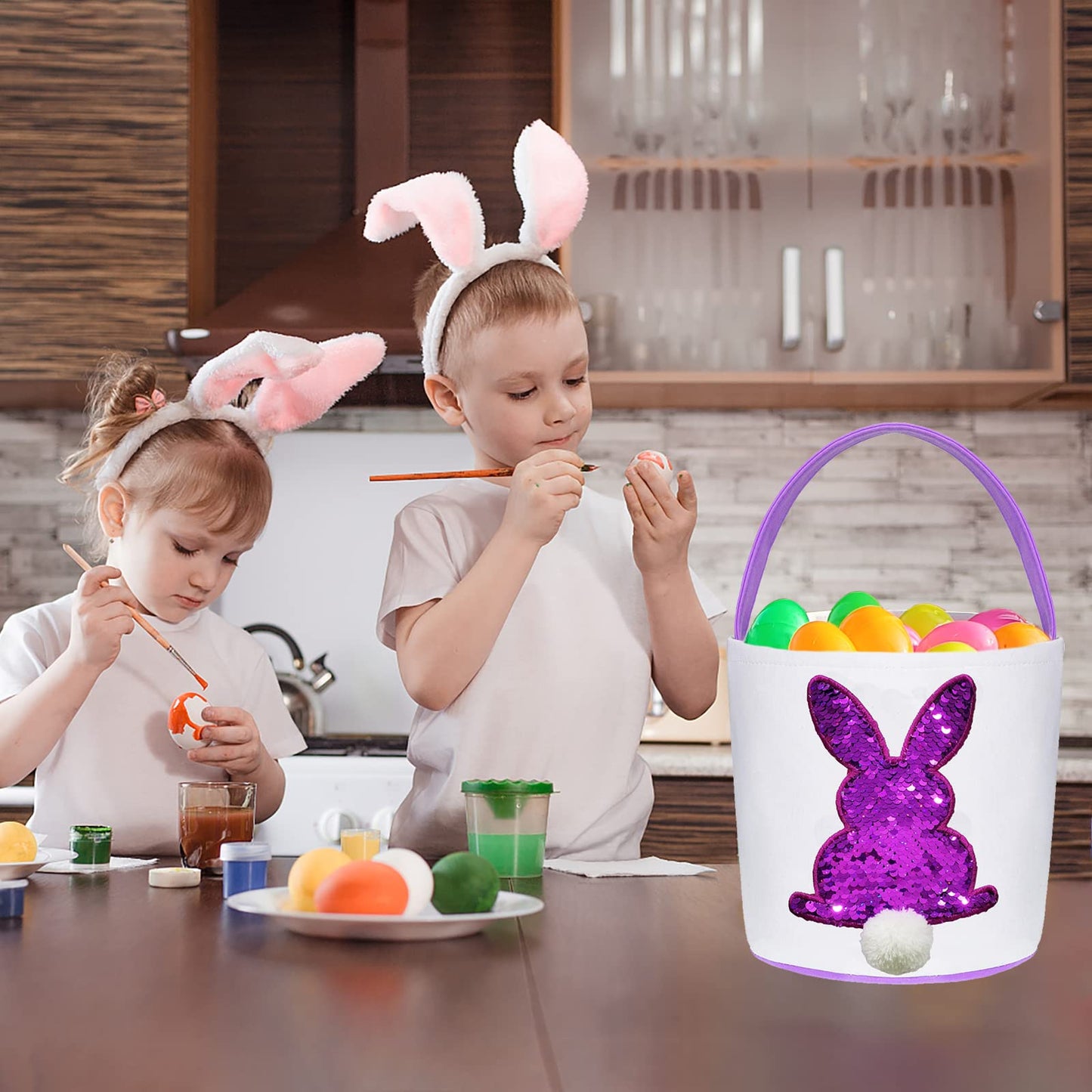 Poptrend Easter Basket Bags,Easter Eggs/Gift Baskets For Kids,Bunny Tote Bag Bucket For Easter Eggs,Toys,Candy,Gifts (2 Pack Pur