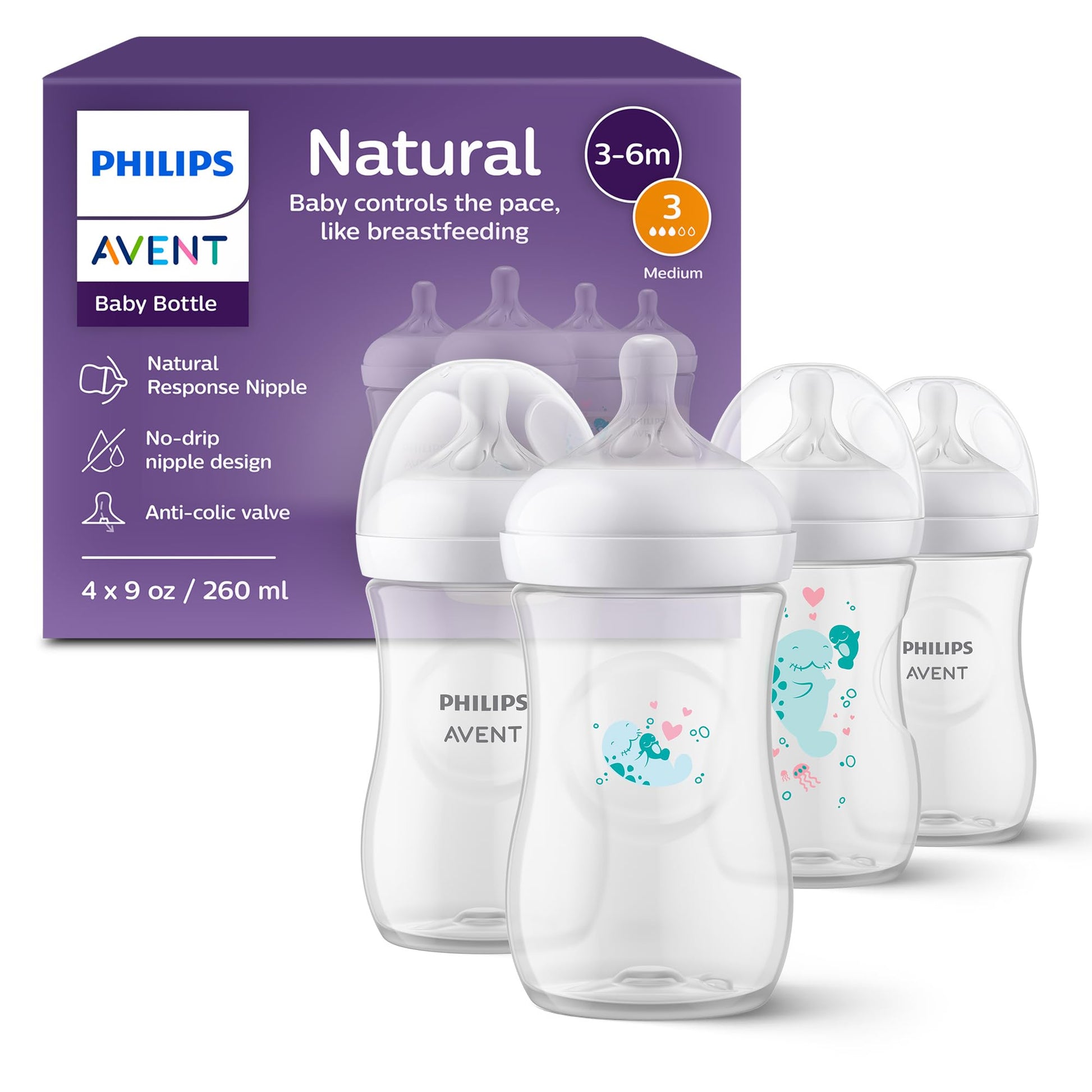 Philips Avent Natural Baby Bottles with Natural Response Nipples (Medium Flow, Flow 3), with Manatee Design, 9oz, 4-Pack, SCY903