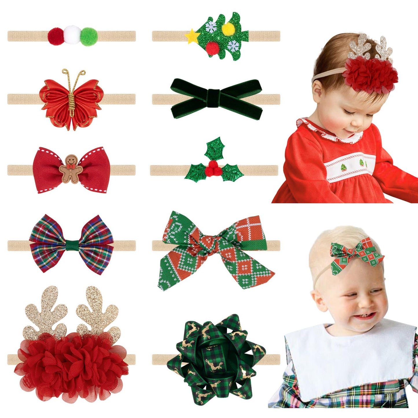 Subesty Baby Girls Nylon Elastic Headband Soft Flower Hair Band For Toddler Infant Newborn Set Of 10 (Christmas Baby Headbands)