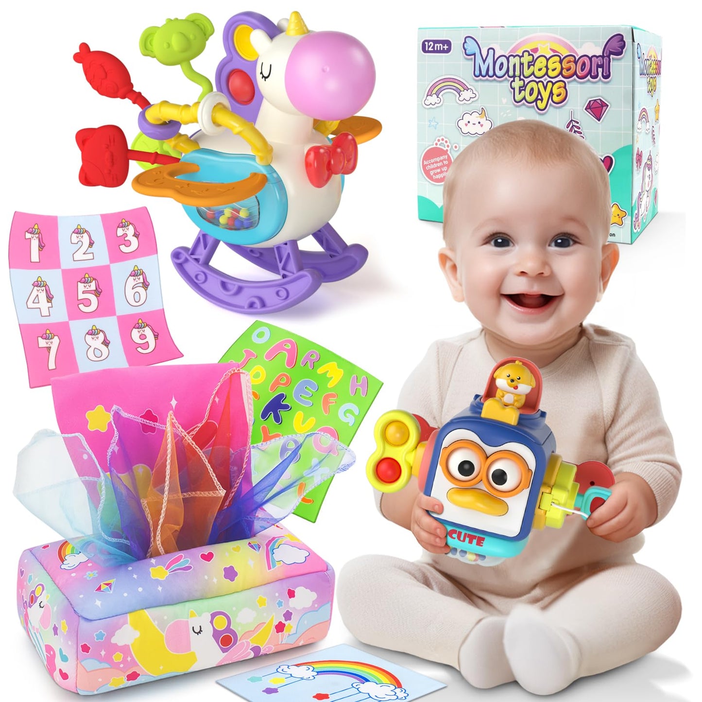 usrela 3 in1 Baby Toys 12 Months - Busy Board Sensory Toys, Tissue Box Toy, Pull String Teether, Learning Toy for Babies 12 18 M