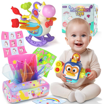 usrela 3 in1 Baby Toys 12 Months - Busy Board Sensory Toys, Tissue Box Toy, Pull String Teether, Learning Toy for Babies 12 18 M