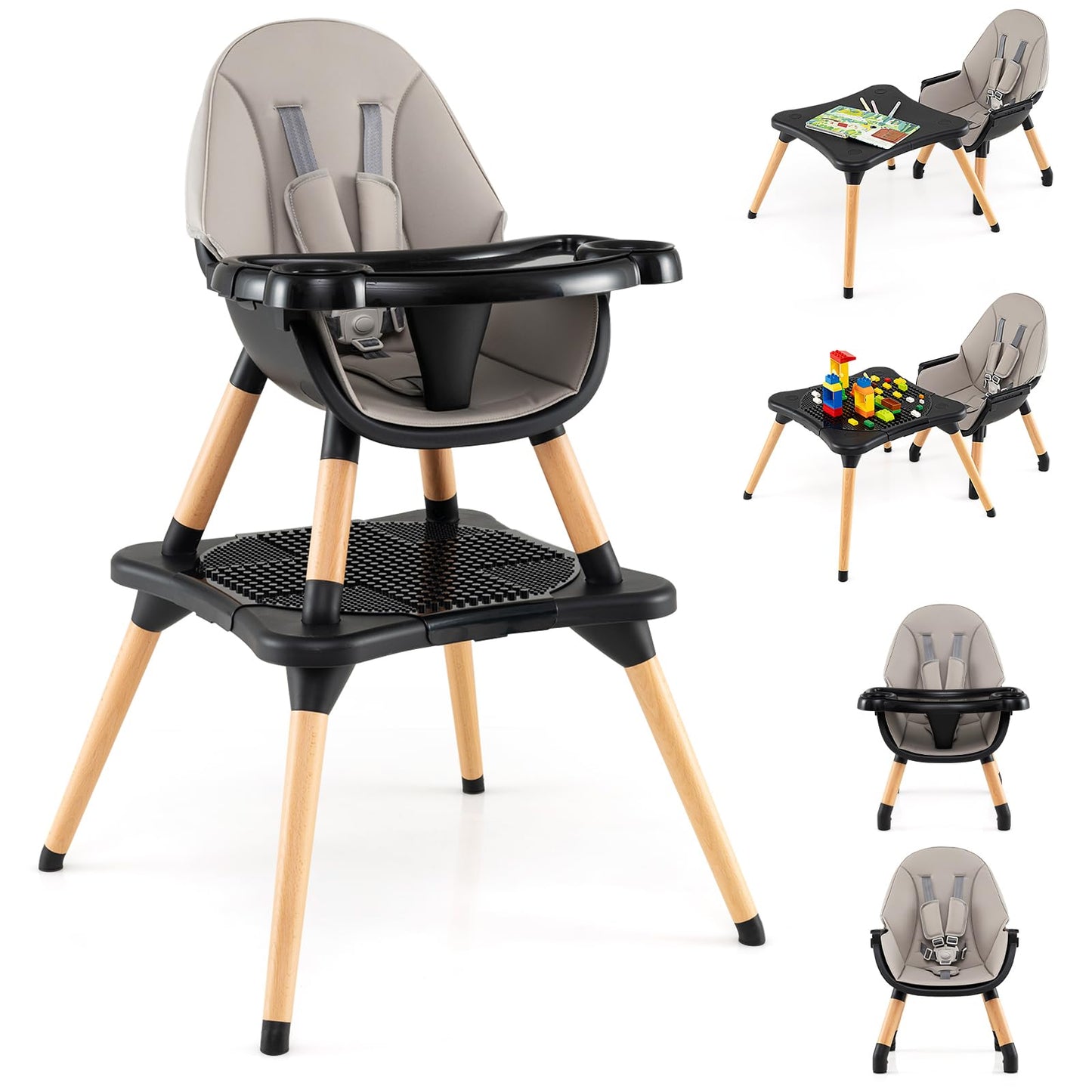 HONEY JOY Baby High Chair, 6-in-1 Convertible Wooden Highchair for Babies and Toddlers/Table Set/Toddler Chair with Safety Harne