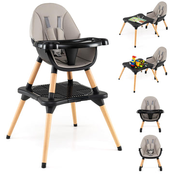 HONEY JOY Baby High Chair, 6-in-1 Convertible Wooden Highchair for Babies and Toddlers/Table Set/Toddler Chair with Safety Harne