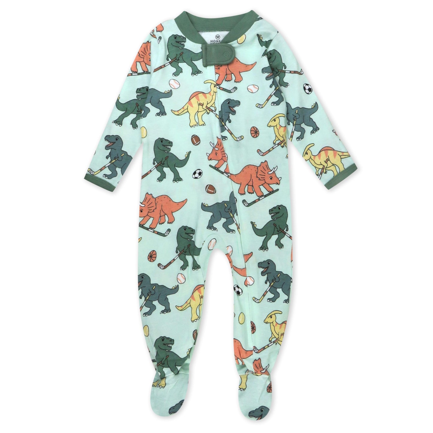 Honestbaby Baby Celebration Sleep & Play Footed One-Piece Pajama Sleeper 100% Organic Cotton, Dino Mite Athlete Eggs
