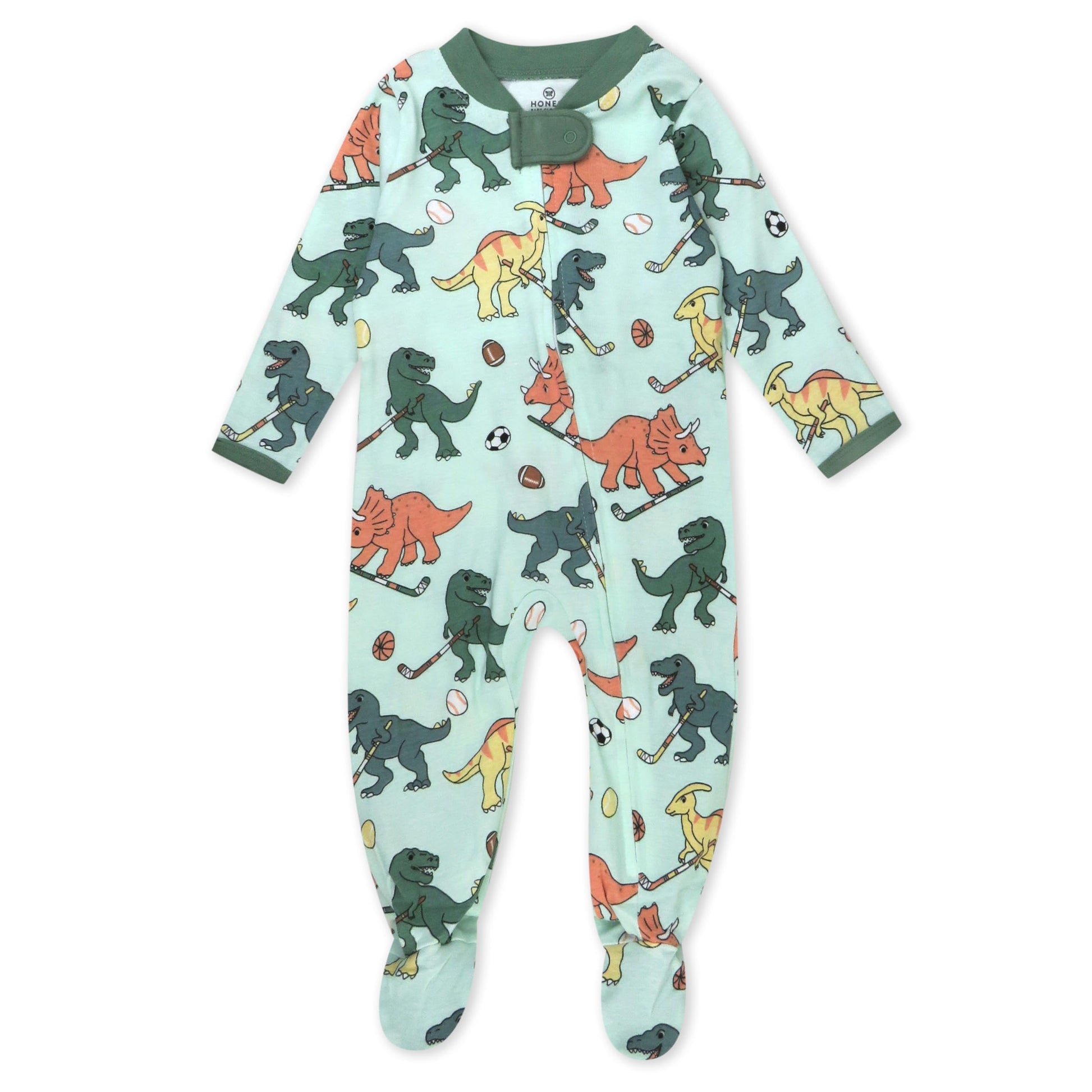 Honestbaby Baby Celebration Sleep & Play Footed One-Piece Pajama Sleeper 100% Organic Cotton, Dino Mite Athlete Eggs