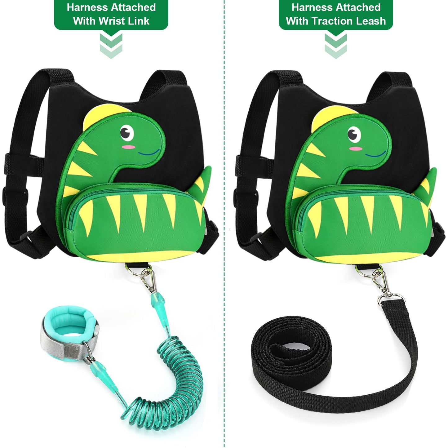 Accmor Toddler Harness Leash + Anti Lost Wrist Link, Cute Dinosaur Kids Harness With Leash, Adorable Child Harness Leash Wristba