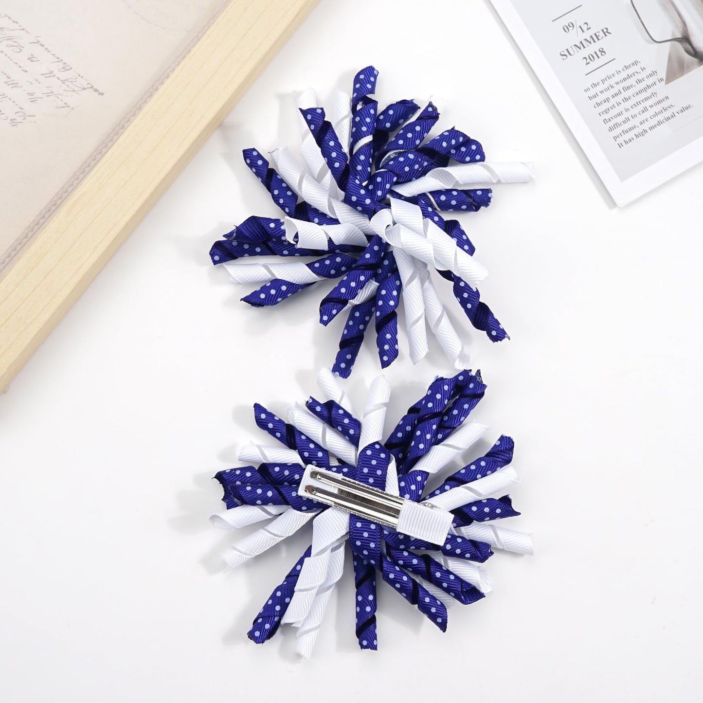 Yxiang 2Pcs Indigo Korker Bows For Girls 3'' Curly Bow Hair Clip Ribbon Ponytail Bows Alligator Clip Hair Barrette For Girls Tod