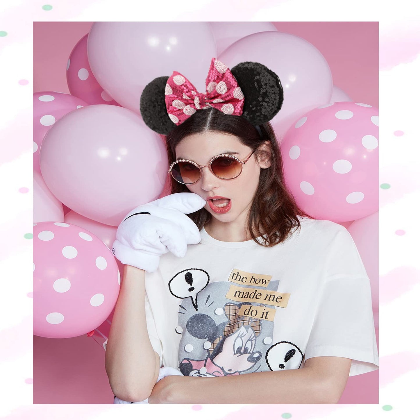 Etluk Mouse Ears Headbands, 2 Pcs Sequined Shiny Bow Headband Party Cosplay Accessories For Women, Girls (Pink Dot & Red Dot)