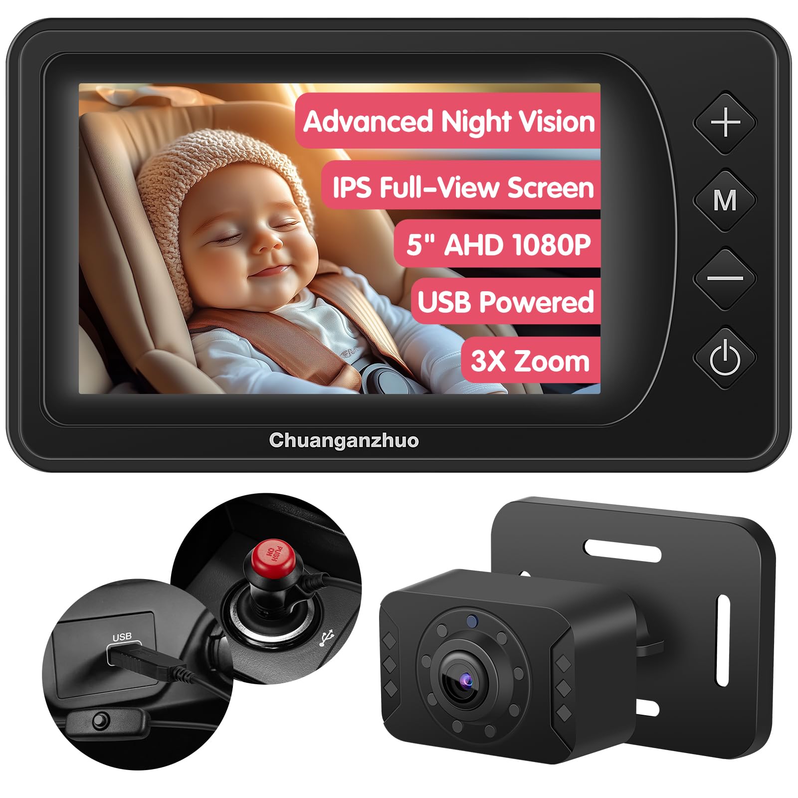 Baby Car Camera With Advanced Crysta-Clear Night Vision, 3X Zoom, Usb Powered, Ahd 1080P 5'' Ips Full View Car Baby Monitor, Bac