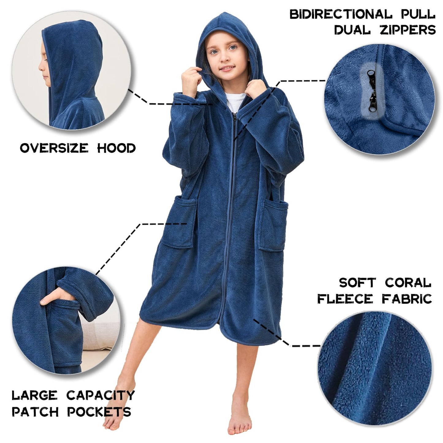 Hiturbo Kids Bath Towel Hoodie: Soft Plush Zipper Surf Poncho - Warm Fleece Changing Towels Swimming Outerwear (Navy)