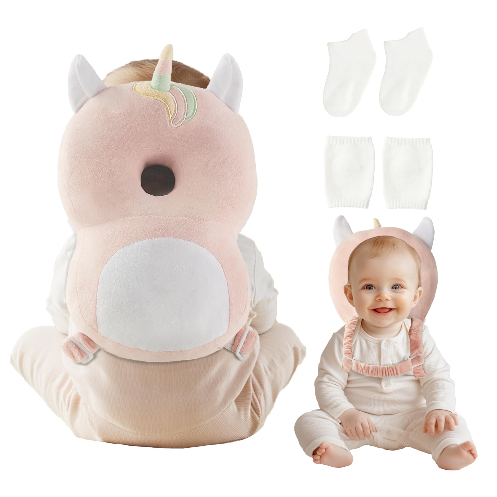 Baby Head Protector Backpack with Socks and Knee Pads - Adjustable Safety Pillow for Crawling Toddlers 5-12 Months, Soft Cushion