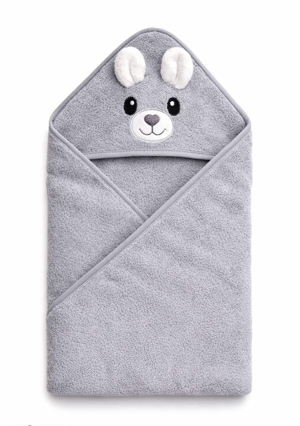 Hi mom Kids World Baby Hooded Bath Towel, Blue, Cotton Terry, Bear Design with Embroidered Face and Pompom Ears (Grey, 80X80)