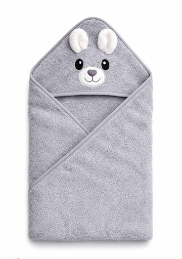 Hi mom Kids World Baby Hooded Bath Towel, Blue, Cotton Terry, Bear Design with Embroidered Face and Pompom Ears (Grey, 80X80)
