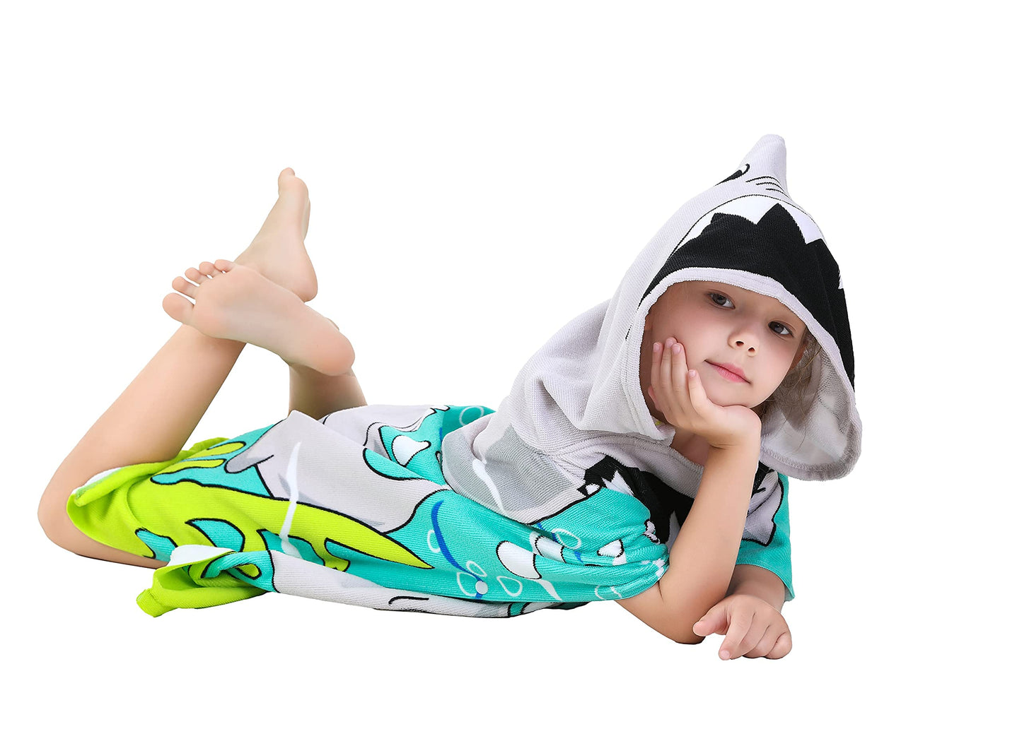 Athaelay Soft Microfiber Swim Cover-Ups For 3 To 10 Years Old Kids Hooded Bath Beach Poncho Towels With Carrying Bag (Big Shark,