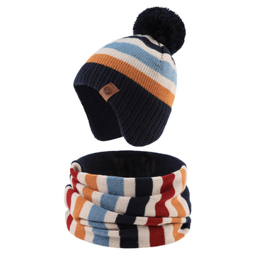 Jangannsa Knitted Baby Hat Scarf Set Winter Warm Boys Girls Beanie Fleece Lining Toddler Kids Hats With Pompom (L)
