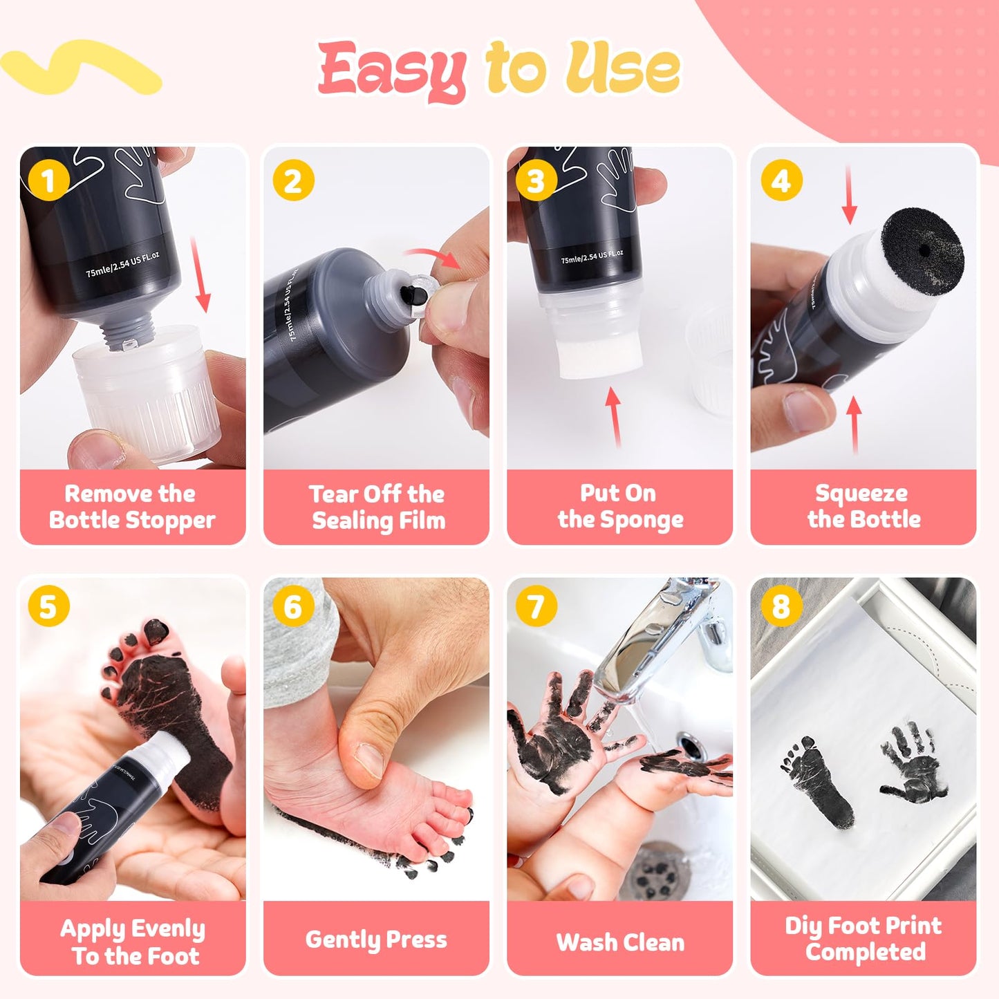 Nabance 2.54 Fl Oz Black Baby Hand And Footprint Friendly Ink Paint, Dog Cat Paw Print Safe Ink, Non-Toxic Acid-Free, Safe Gentl