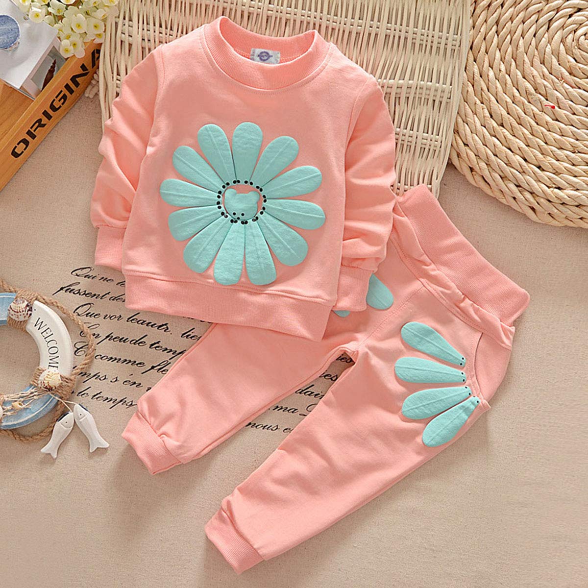 Toddler Baby Girls Sunflower Clothes Set Long Sleeve Top And Pants 2Pcs Outfits Fall Clothes (Age(2T), Pink)