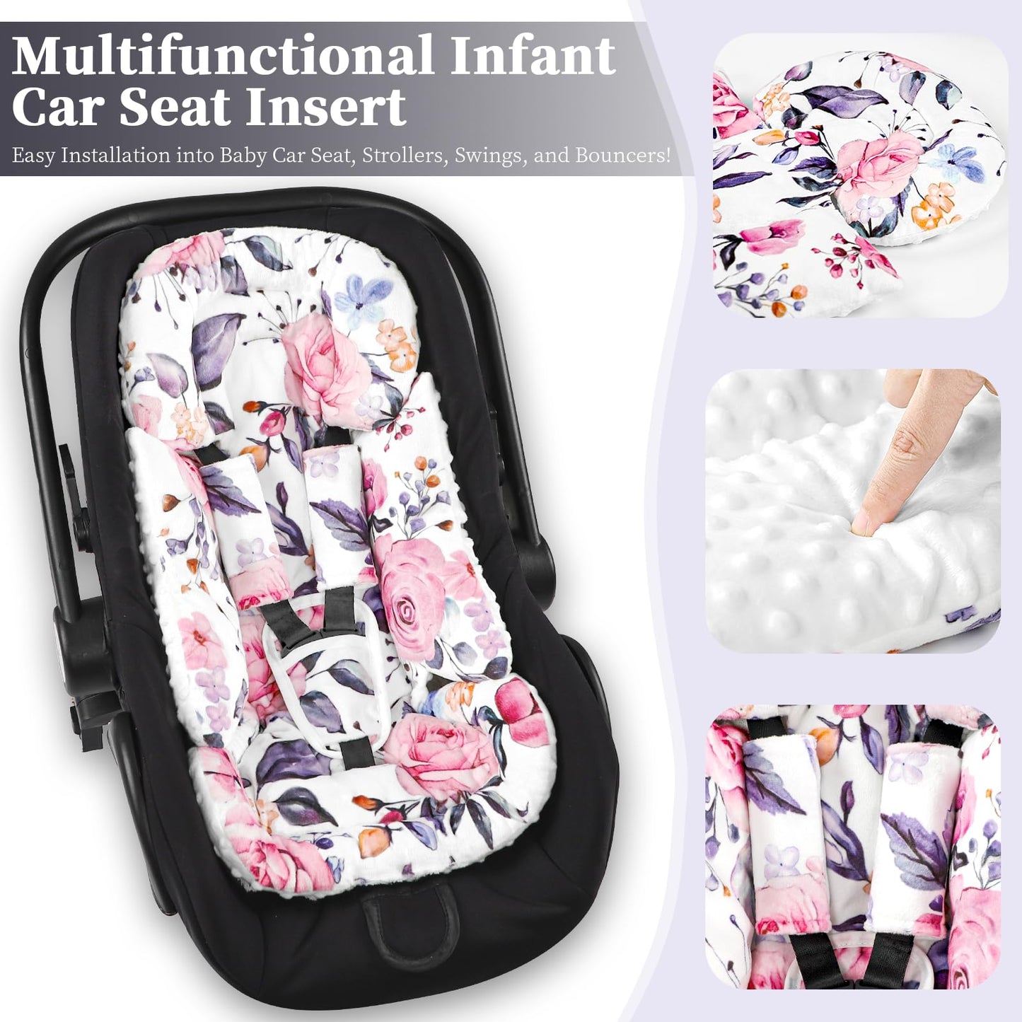 Pea Pod Infant Car Seat Insert With 3 Strap Covers, 3 In 1 Reversible Floral Baby Car Seat Head Support For Newborn, 3D Soft Min
