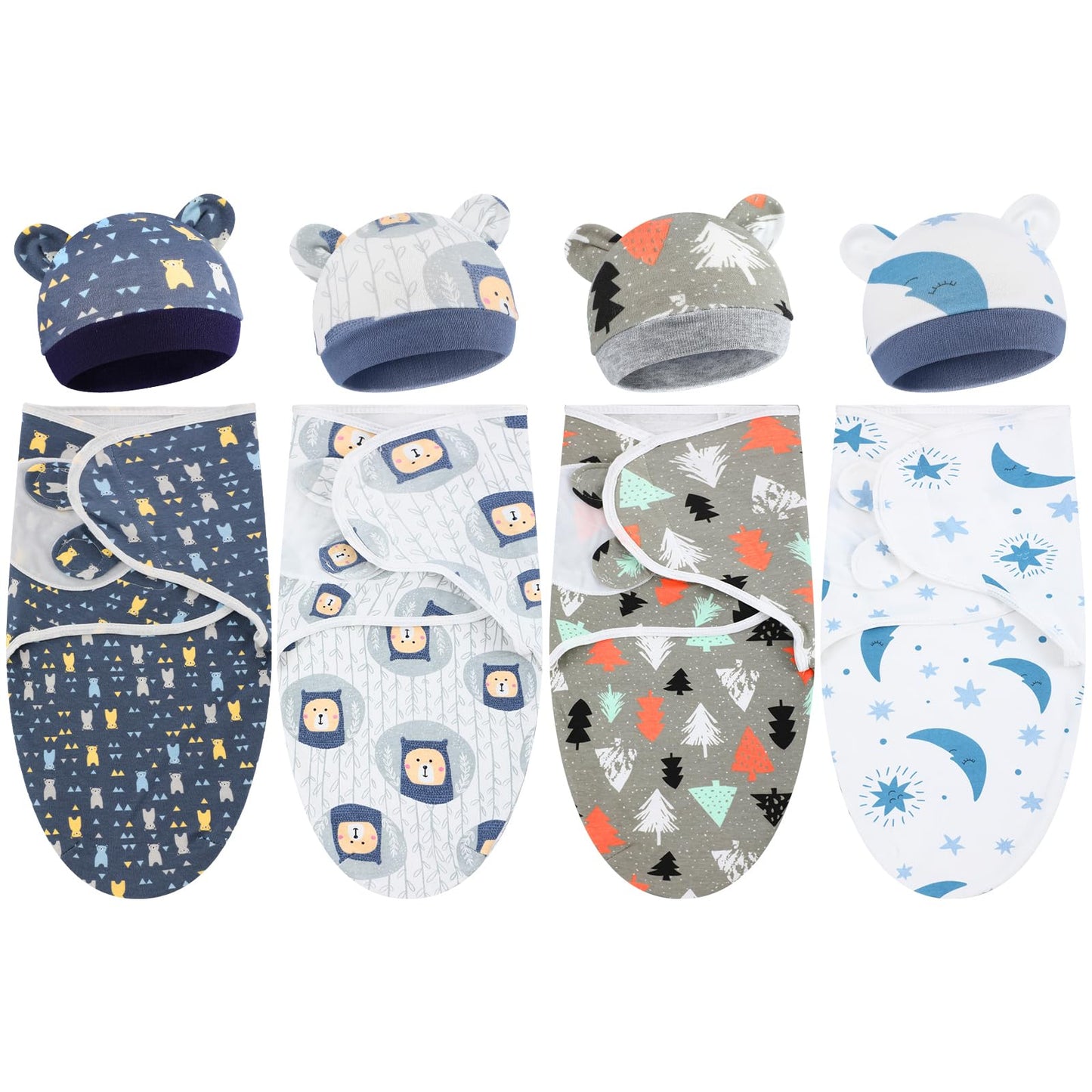 Buryeah 4 Pack Preemie Swaddle Blanket Wrap Set with Hat for Baby Boys Girls 3-7 Lbs Preemie Newborn Clothes Sleepers Cap(Dark B